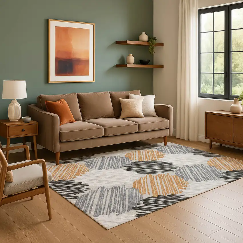 Copper Ivory And Gray Geometric Washable Area Rug With UV Protection Photo 6