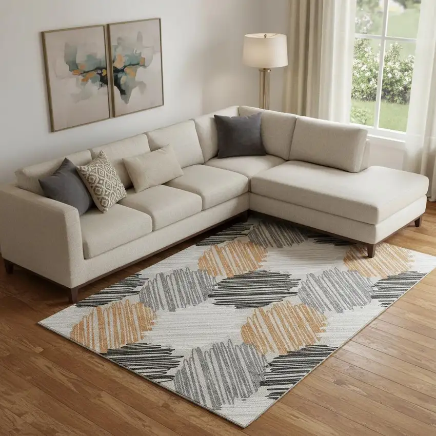 Copper Ivory And Gray Geometric Washable Area Rug With UV Protection Photo 2