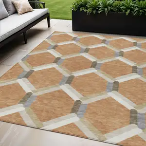 Photo of Copper Ivory And Gray Geometric Washable Indoor Outdoor Area Rug
