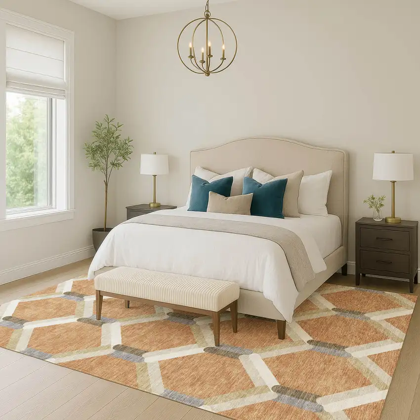 Copper Ivory And Gray Geometric Washable Indoor Outdoor Area Rug Photo 9