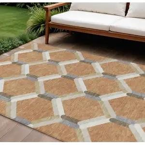 Photo of Copper Ivory And Gray Geometric Washable Indoor Outdoor Area Rug