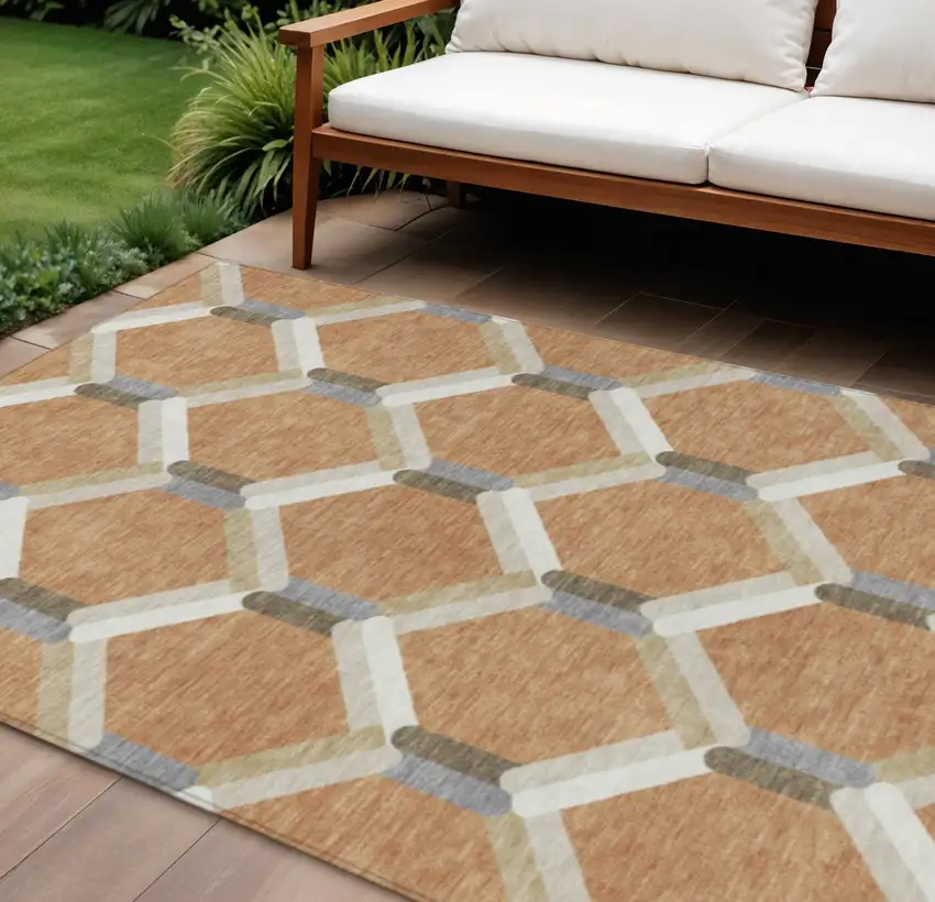 Copper Ivory And Gray Geometric Washable Indoor Outdoor Area Rug Photo 1