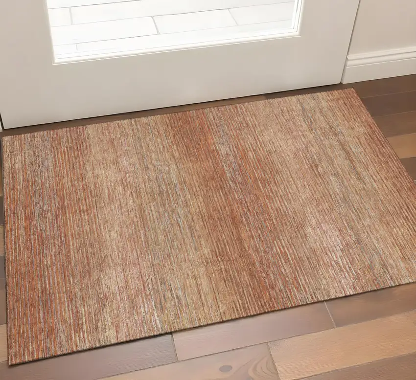 Copper Ivory And Gray Striped Washable Area Rug With UV Protection Photo 1