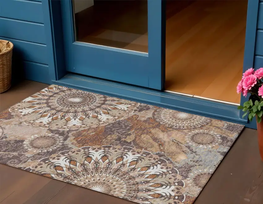 Copper Ivory And Khaki Paisley Washable Indoor Outdoor Area Rug Photo 1