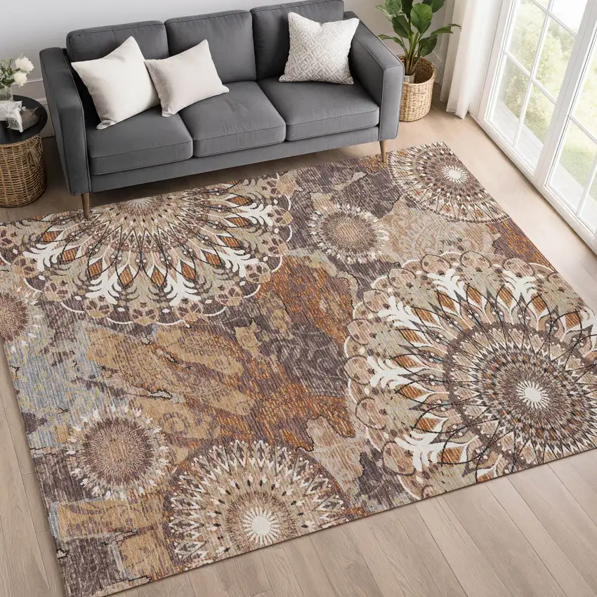 Copper Ivory And Khaki Paisley Washable Indoor Outdoor Area Rug Photo 9
