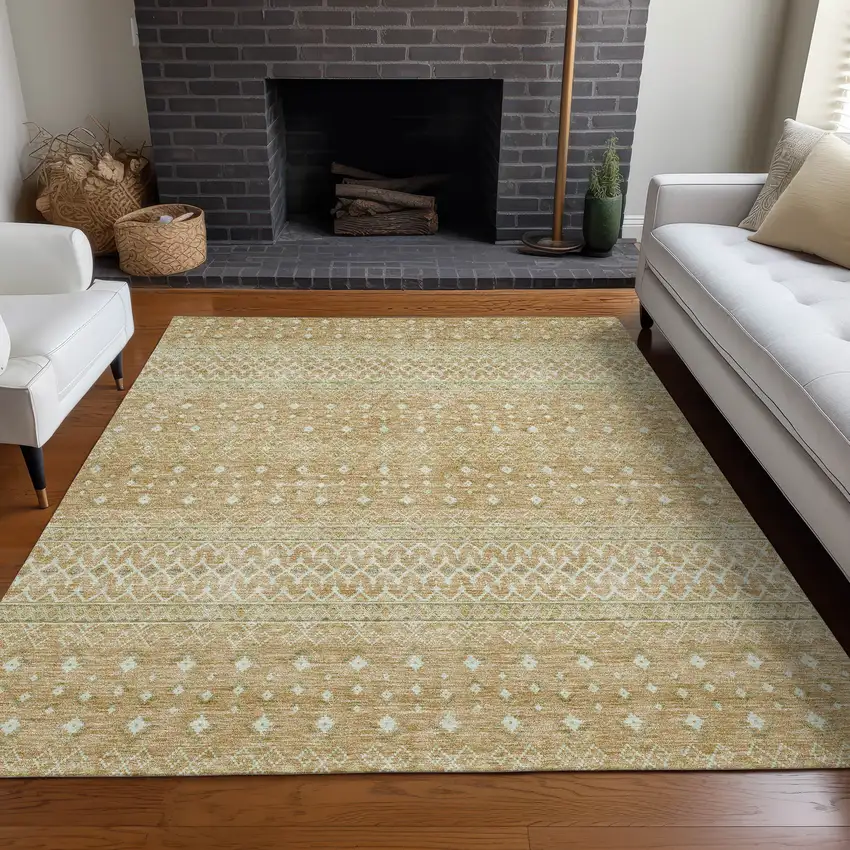 Copper Ivory And Olive Green Tribal Washable Indoor Outdoor Area Rug Photo 9