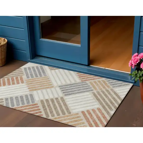 Copper Ivory And Rust Geometric Washable Indoor Outdoor Area Rug Photo 1