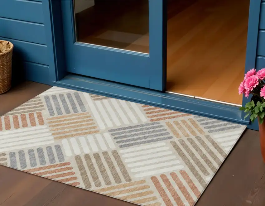 Copper Ivory And Rust Geometric Washable Indoor Outdoor Area Rug Photo 1