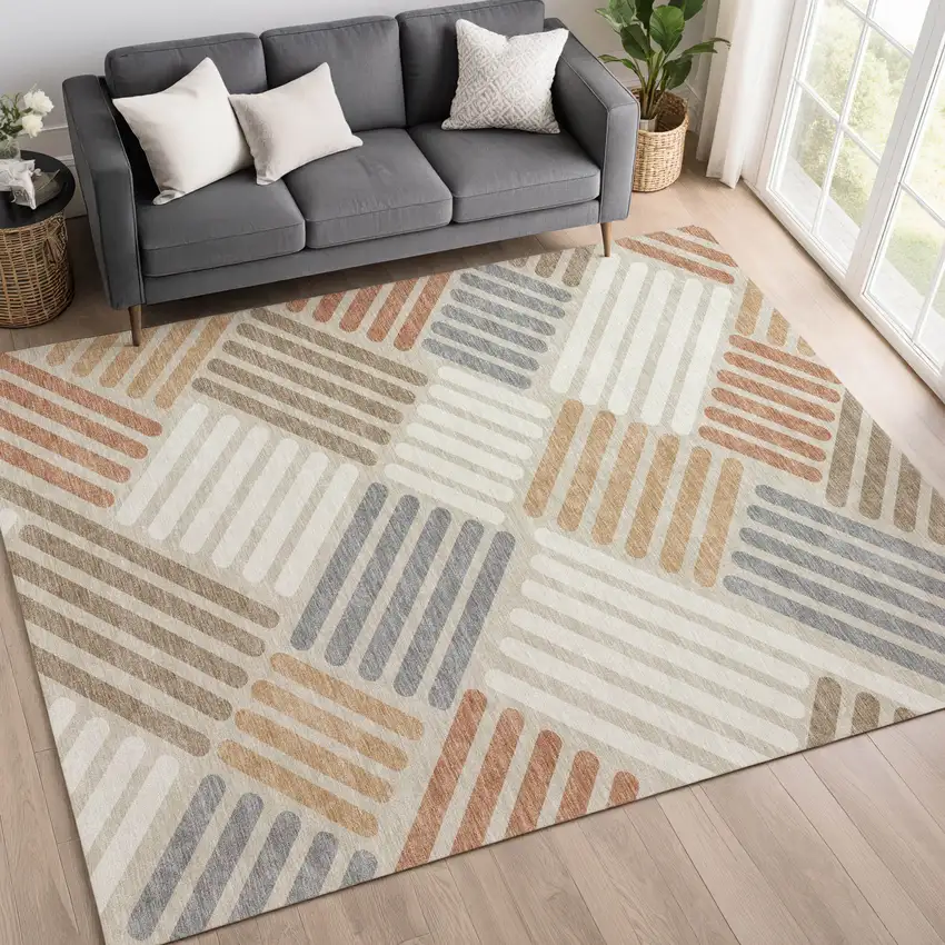 Copper Ivory And Rust Geometric Washable Indoor Outdoor Area Rug Photo 9