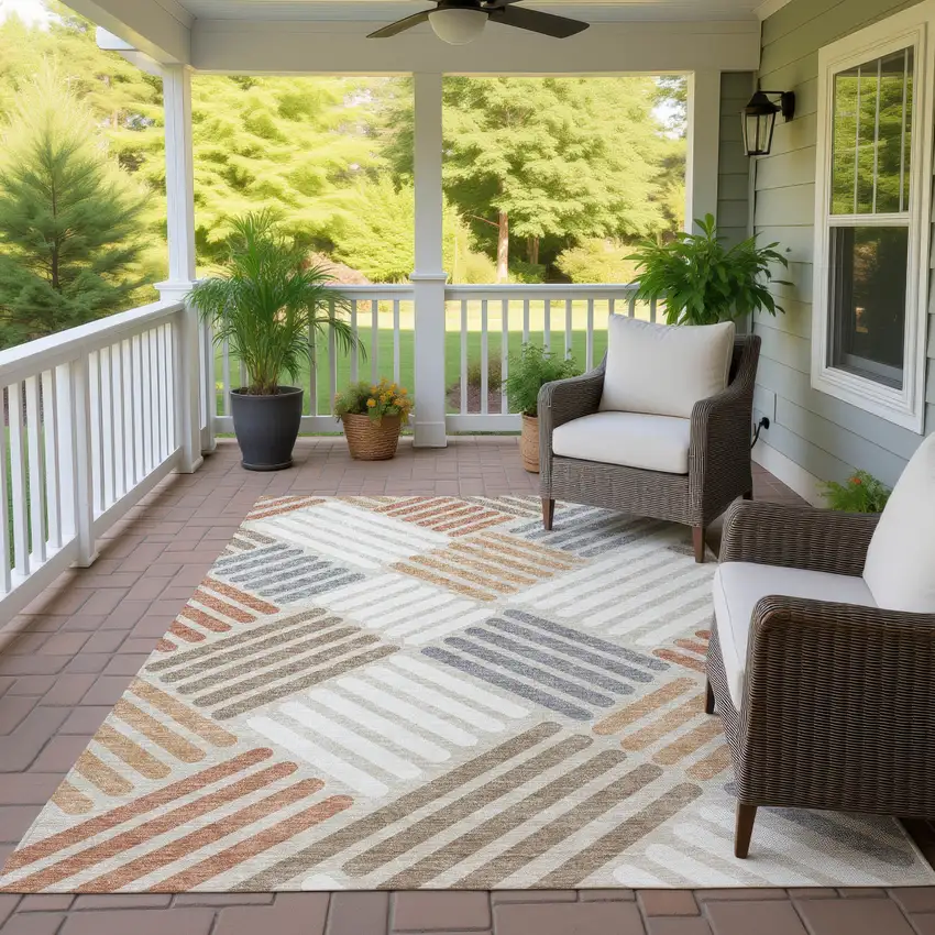 Copper Ivory And Rust Geometric Washable Indoor Outdoor Area Rug Photo 9