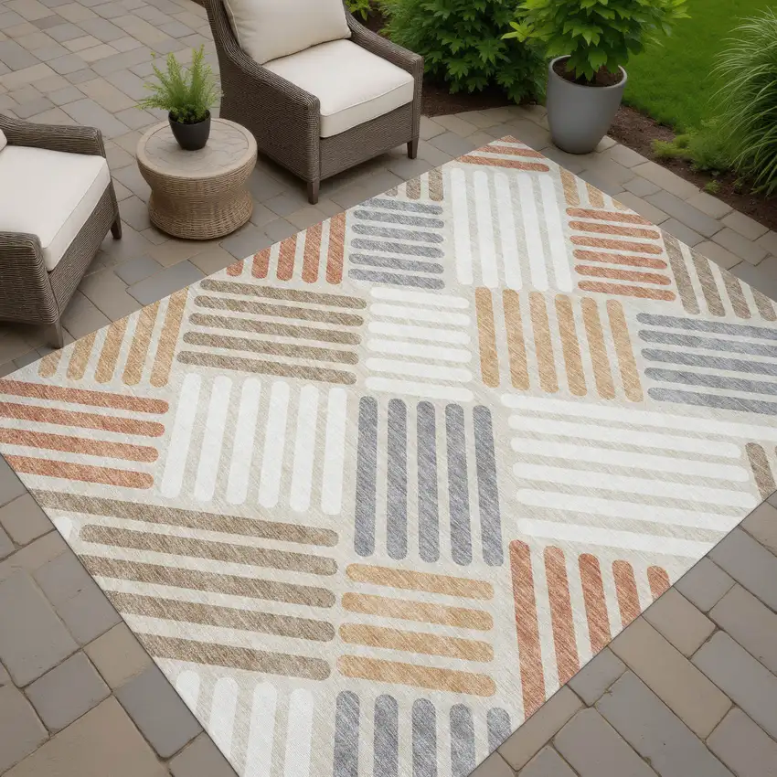 Copper Ivory And Rust Geometric Washable Indoor Outdoor Area Rug Photo 8
