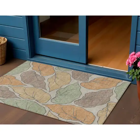 Copper Ivory And Sage Botanical Leaves Washable Indoor Outdoor Area Rug Photo 1