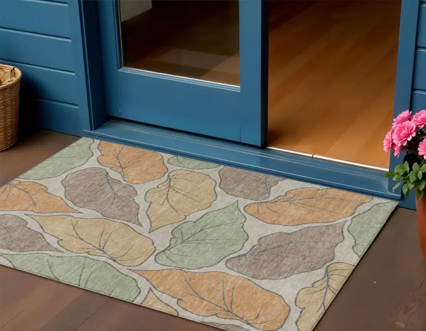 Copper Ivory And Sage Botanical Leaves Washable Indoor Outdoor Area Rug Photo 1