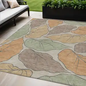 Photo of Copper Ivory And Sage Botanical Leaves Washable Indoor Outdoor Area Rug