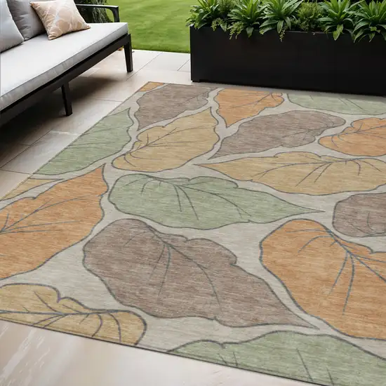Copper Ivory And Sage Botanical Leaves Washable Indoor Outdoor Area Rug Photo 1