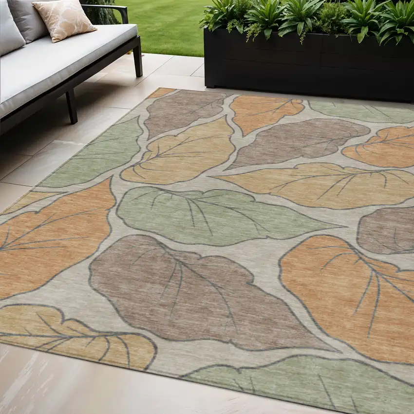 Copper Ivory And Sage Botanical Leaves Washable Indoor Outdoor Area Rug Photo 1