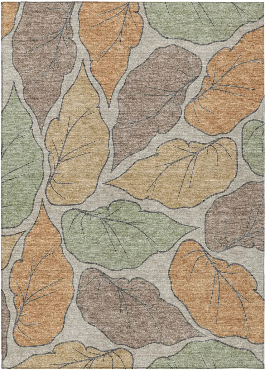 Copper Ivory And Sage Botanical Leaves Washable Indoor Outdoor Area Rug Photo 2