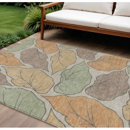 Copper Ivory And Sage Botanical Leaves Washable Indoor Outdoor Area Rug Photo 1