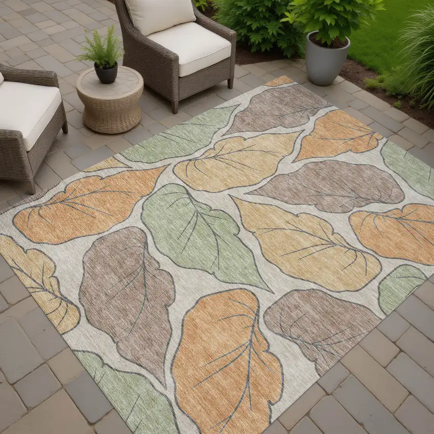 Copper Ivory And Sage Botanical Leaves Washable Indoor Outdoor Area Rug Photo 8