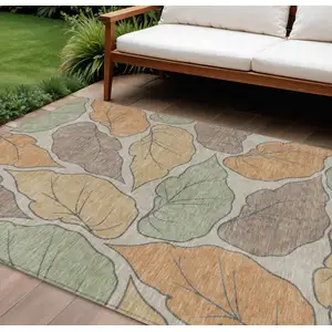 Photo of Copper Ivory And Sage Botanical Leaves Washable Indoor Outdoor Area Rug
