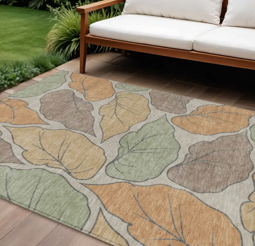 Copper Ivory And Sage Botanical Leaves Washable Indoor Outdoor Area Rug Photo 1