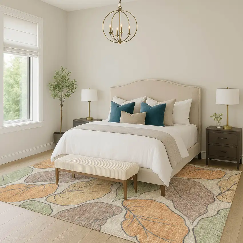 Copper Ivory And Sage Botanical Leaves Washable Indoor Outdoor Area Rug Photo 7