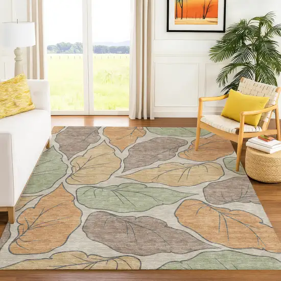 Copper Ivory And Sage Botanical Leaves Washable Indoor Outdoor Area Rug Photo 8