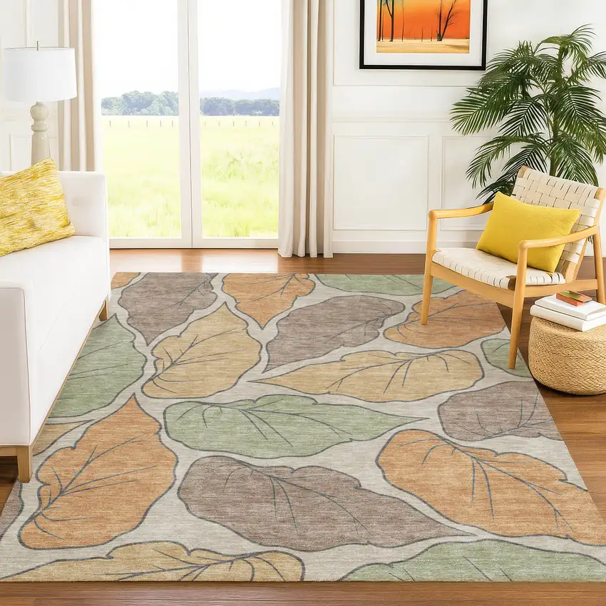 Copper Ivory And Sage Botanical Leaves Washable Indoor Outdoor Area Rug Photo 8