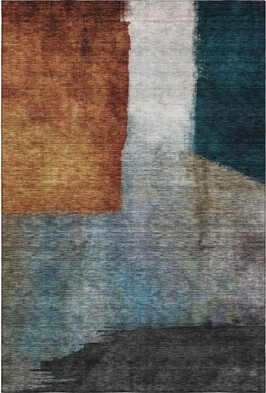 Copper Ivory And Teal Abstract Washable Area Rug With UV Protection Photo 3