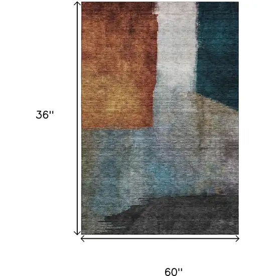 Copper Ivory And Teal Abstract Washable Area Rug With UV Protection Photo 8