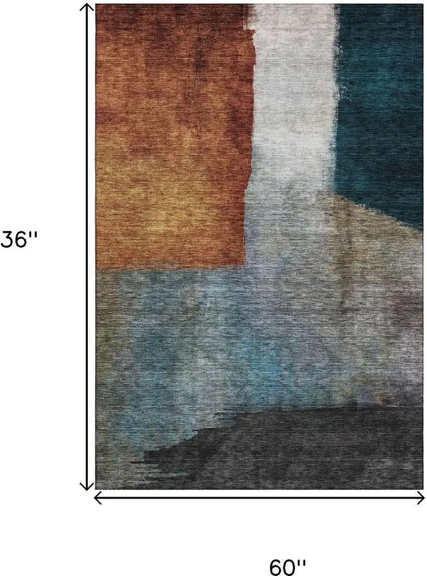 Copper Ivory And Teal Abstract Washable Area Rug With UV Protection Photo 8