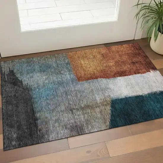 Copper Ivory And Teal Abstract Washable Area Rug With UV Protection Photo 1