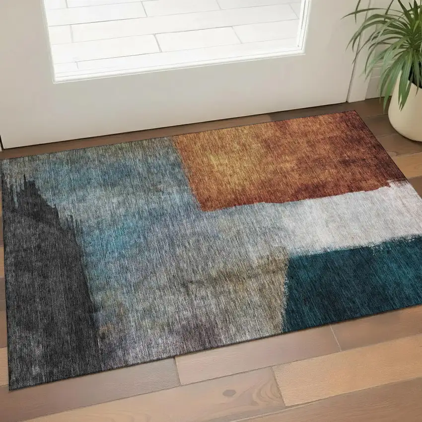 Copper Ivory And Teal Abstract Washable Area Rug With UV Protection Photo 1