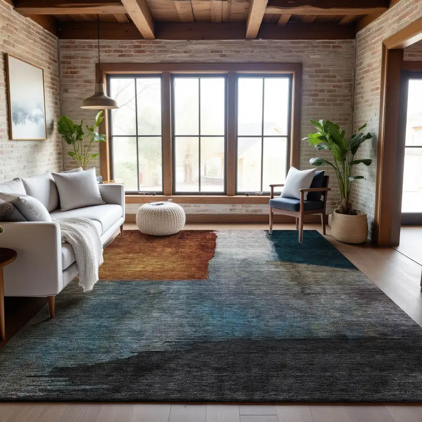 Copper Ivory And Teal Abstract Washable Area Rug With UV Protection Photo 2