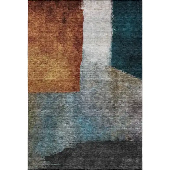 Copper Ivory And Teal Abstract Washable Area Rug With UV Protection Photo 3