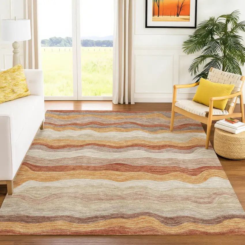 Copper Orange And Beige Striped Washable Indoor Outdoor Area Rug Photo 3