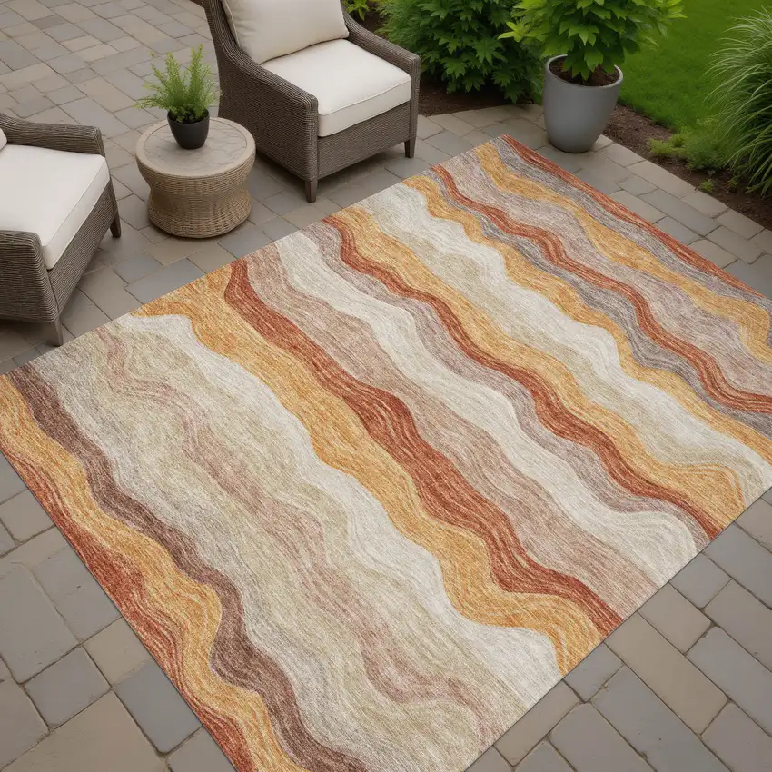Copper Orange And Beige Striped Washable Indoor Outdoor Area Rug Photo 5