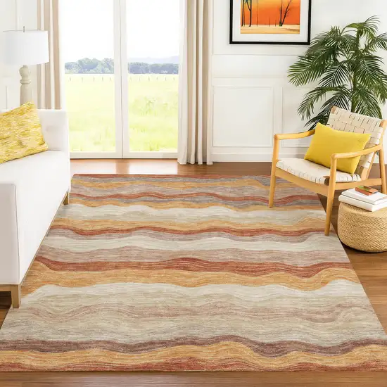 Copper Orange And Beige Striped Washable Indoor Outdoor Area Rug Photo 4