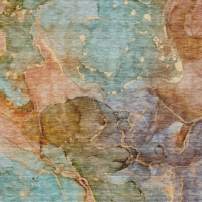 Copper Orange And Teal Blue Abstract Washable Indoor Outdoor Area Rug Photo 6