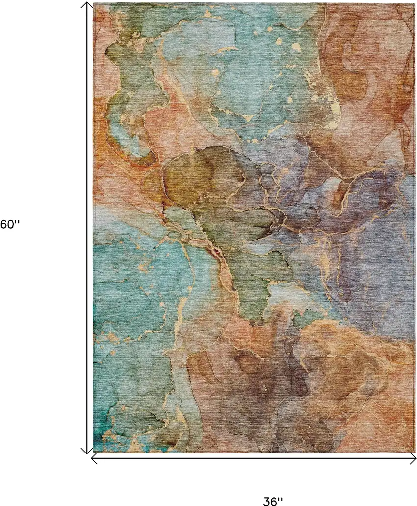 Copper Orange And Teal Blue Abstract Washable Indoor Outdoor Area Rug Photo 3