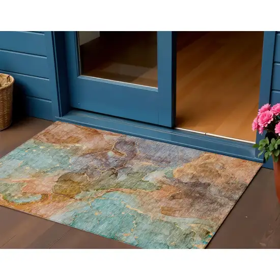 Copper Orange And Teal Blue Abstract Washable Indoor Outdoor Area Rug Photo 1