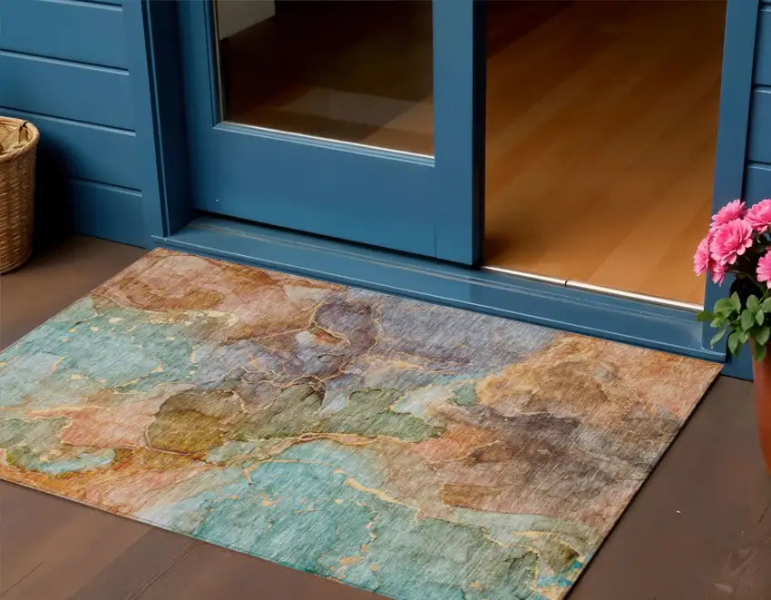 Copper Orange And Teal Blue Abstract Washable Indoor Outdoor Area Rug Photo 1