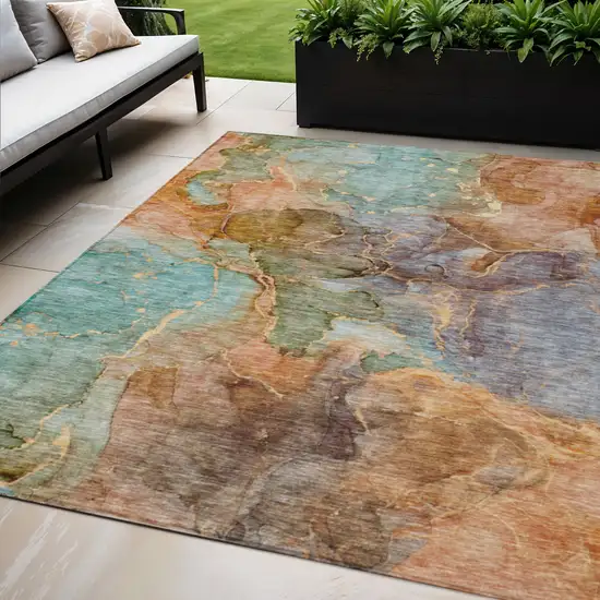 Copper Orange And Teal Blue Abstract Washable Indoor Outdoor Area Rug Photo 1
