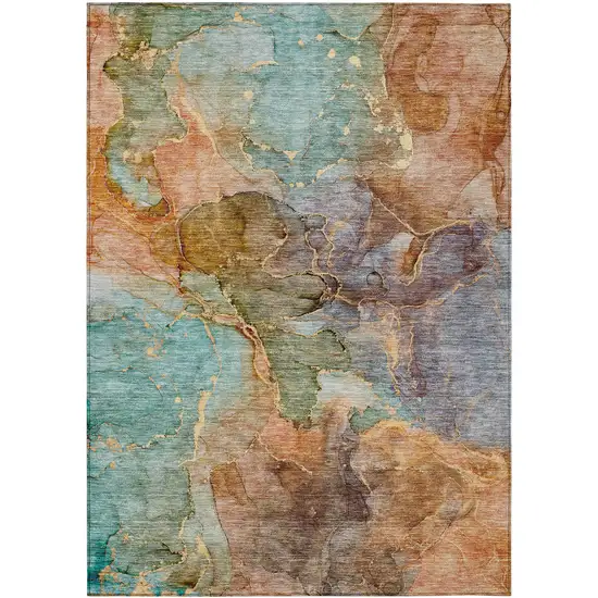 Copper Orange And Teal Blue Abstract Washable Indoor Outdoor Area Rug Photo 2
