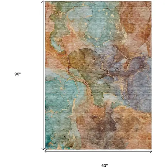 Copper Orange And Teal Blue Abstract Washable Indoor Outdoor Area Rug Photo 3