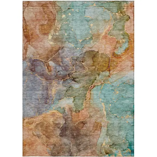 Copper Orange And Teal Blue Abstract Washable Indoor Outdoor Area Rug Photo 7