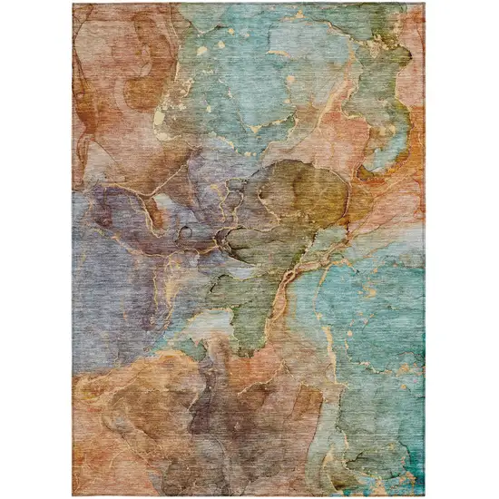 Copper Orange And Teal Blue Abstract Washable Indoor Outdoor Area Rug Photo 7