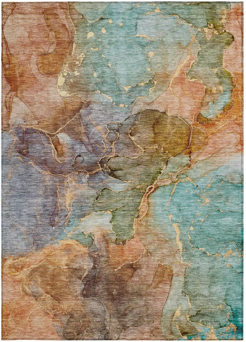 Copper Orange And Teal Blue Abstract Washable Indoor Outdoor Area Rug Photo 7