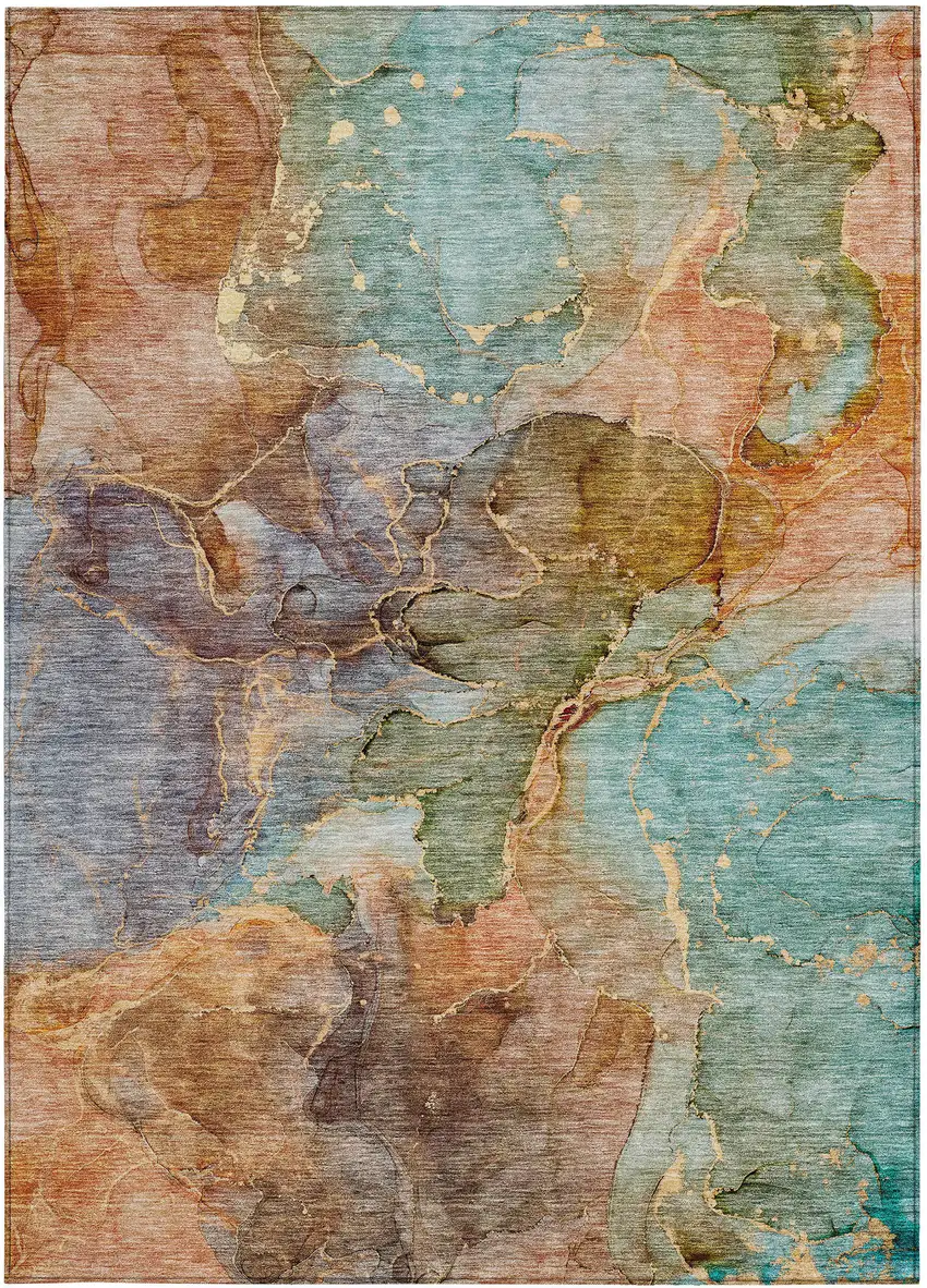 Copper Orange And Teal Blue Abstract Washable Indoor Outdoor Area Rug Photo 7
