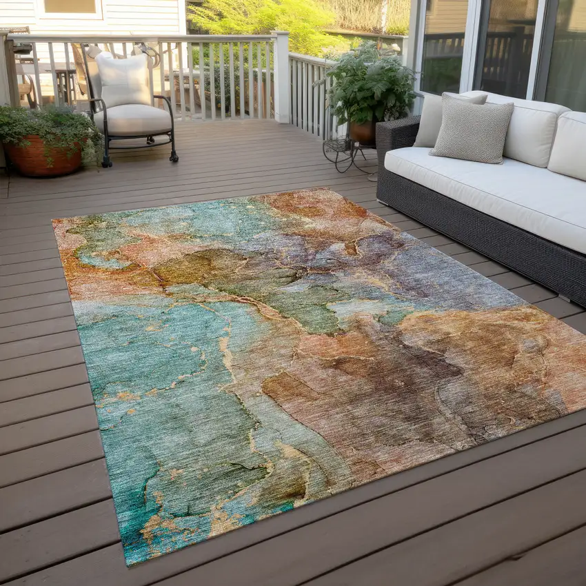 Copper Orange And Teal Blue Abstract Washable Indoor Outdoor Area Rug Photo 9
